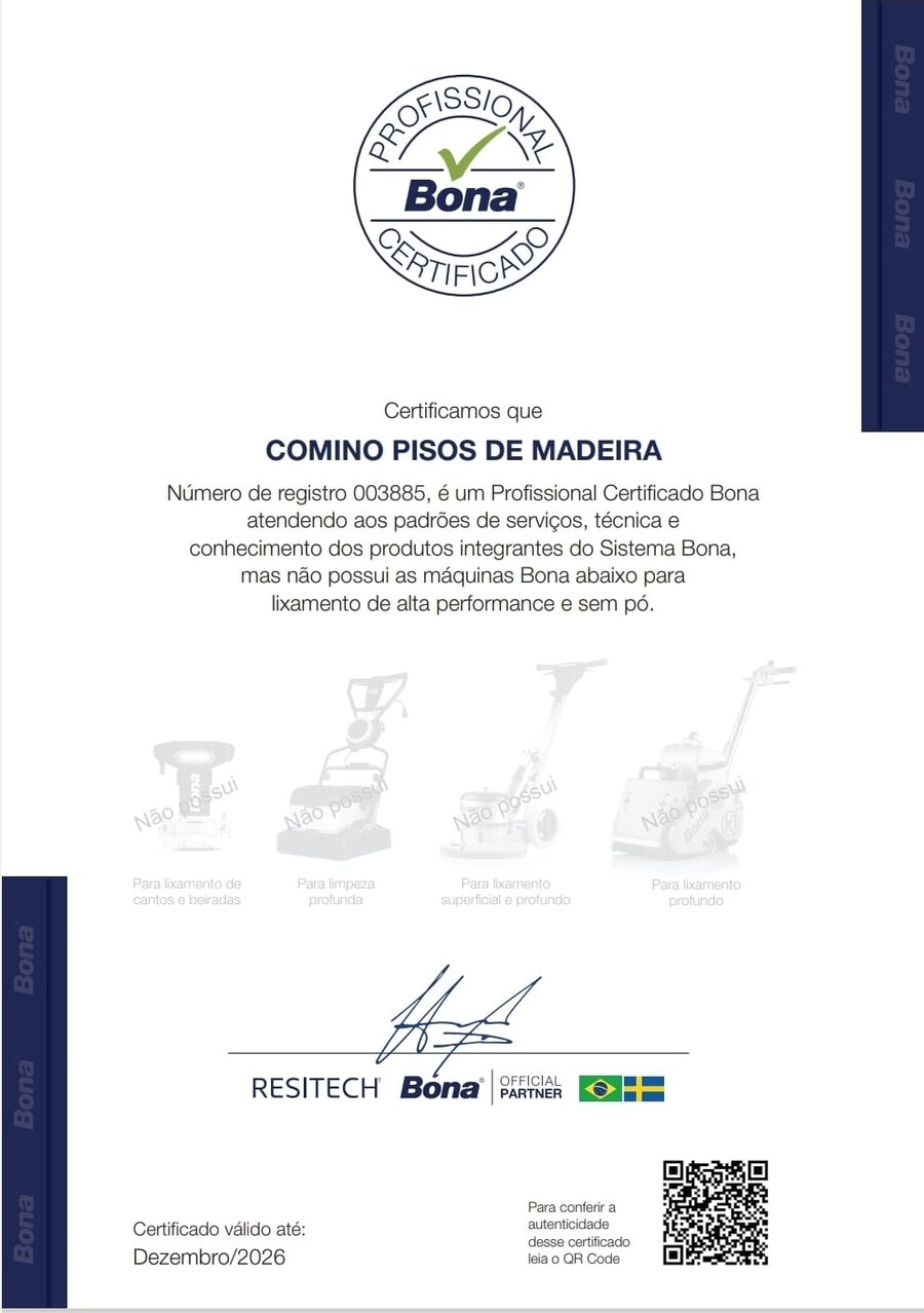 Certificado de Profissional Certificado Bona da Comino Pisos de Madeira, registro 003885