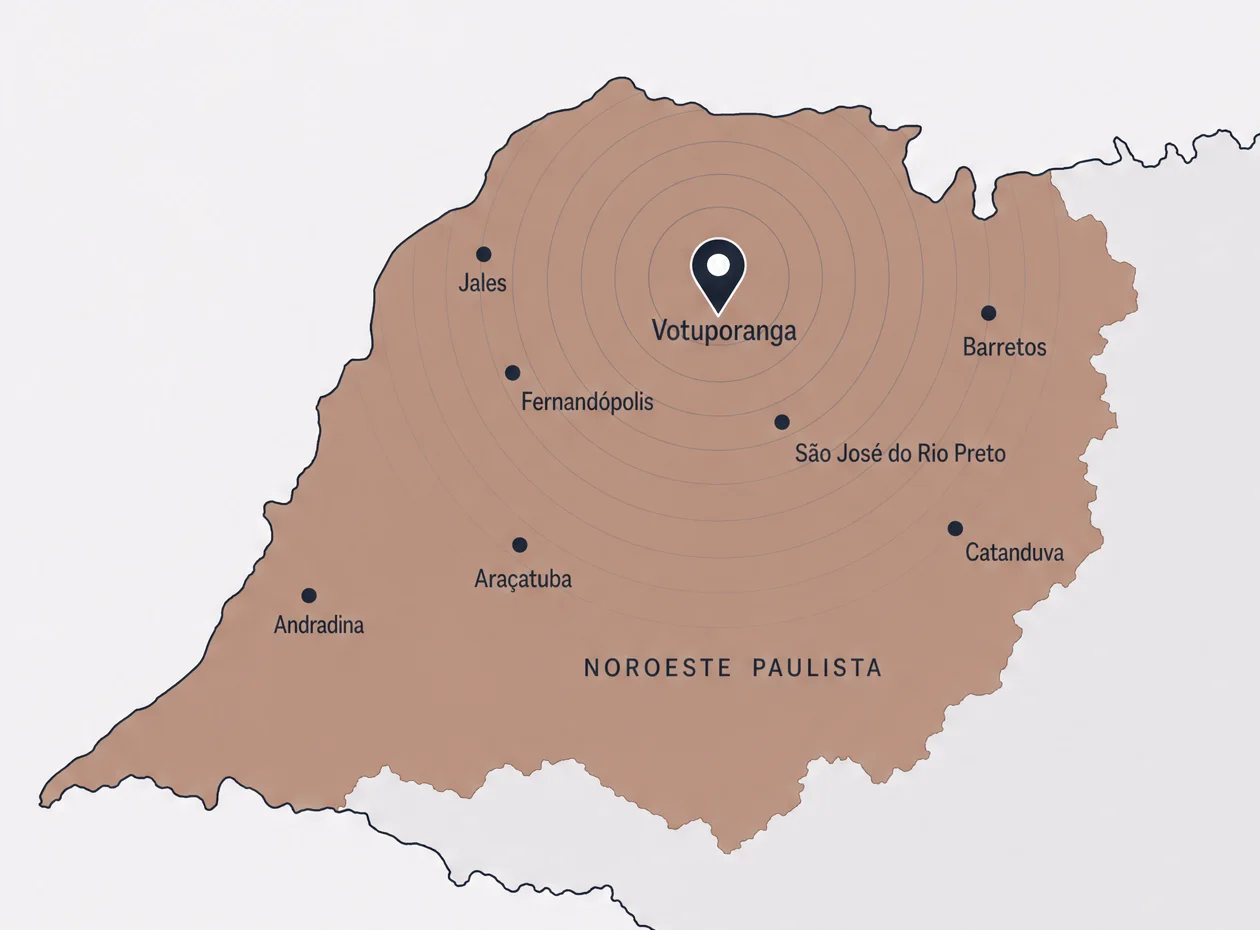 Mapa do noroeste paulista com Votuporanga marcada como base da Comino e as cidades de Jales, Fernandópolis, Araçatuba, Andradina, São José do Rio Preto, Barretos e Catanduva